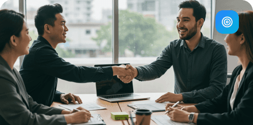 A smiling businesswoman and a businessman gesturing towards floating UI elements.