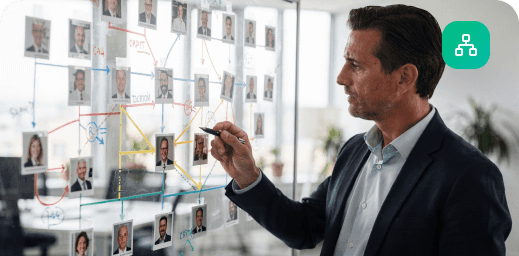 A woman's face with a glowing green network diagram superimposed over it.