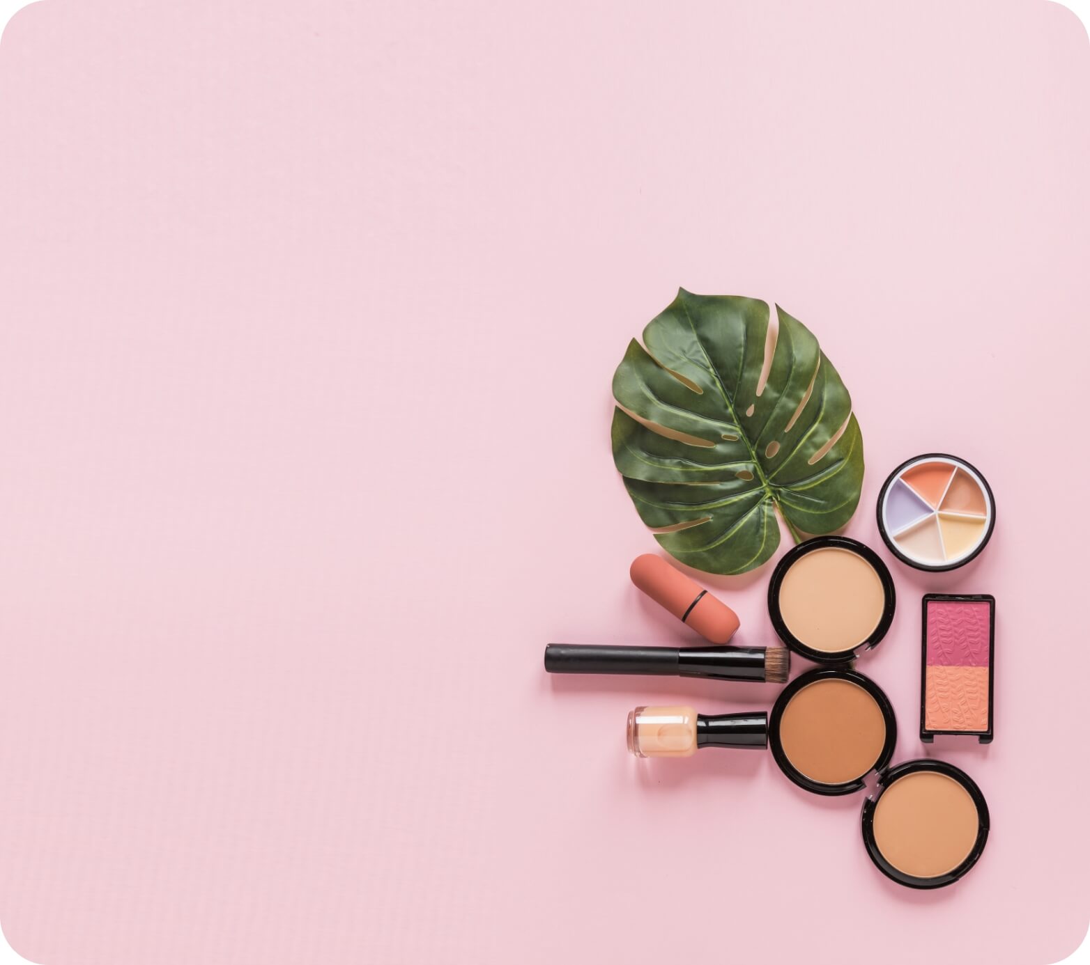 A collection of cosmetics on a pink background-illustration for Flyfish's AI powered consultative selling