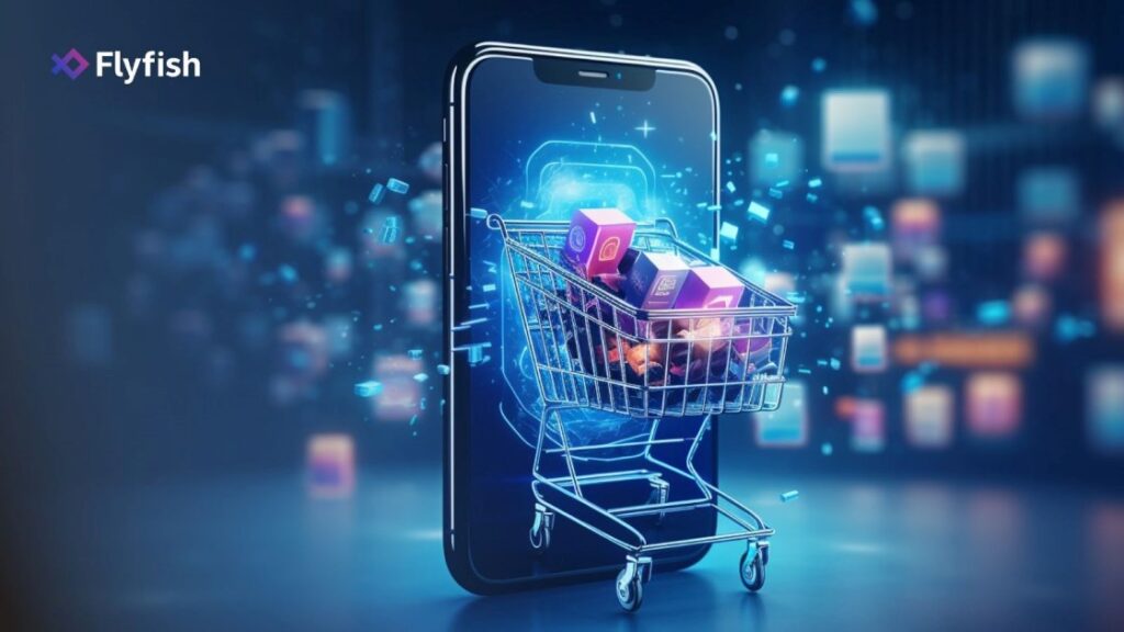 A smartphone with a shopping cart emerging from the screen symbolizing Flyfish's AI-driven ecommerce
