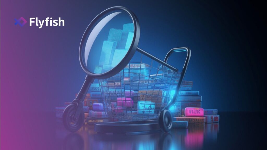 Shopping cart with magnifying glass highlighting AI search in e-commerce.