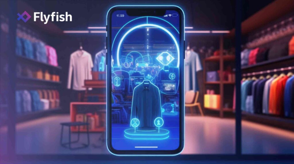 Smartphone displaying a holographic shirt in a virtual store.