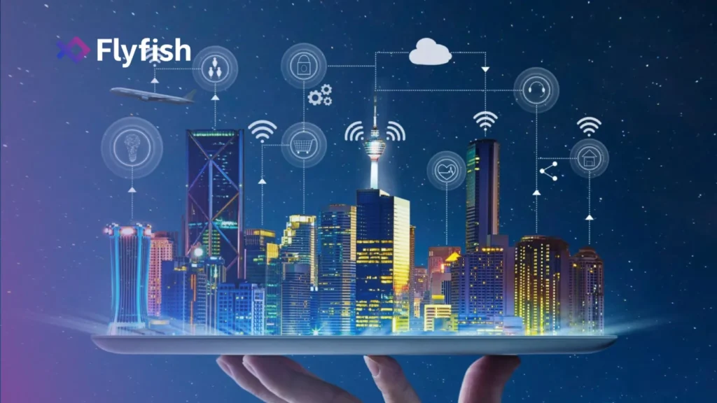 AI in real estate concept with smart city visualization on tablet