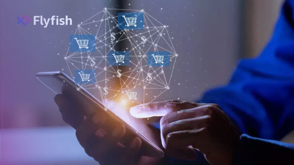 Person using smartphone with digital shopping cart icons overlaid, representing AI in eCommerce.