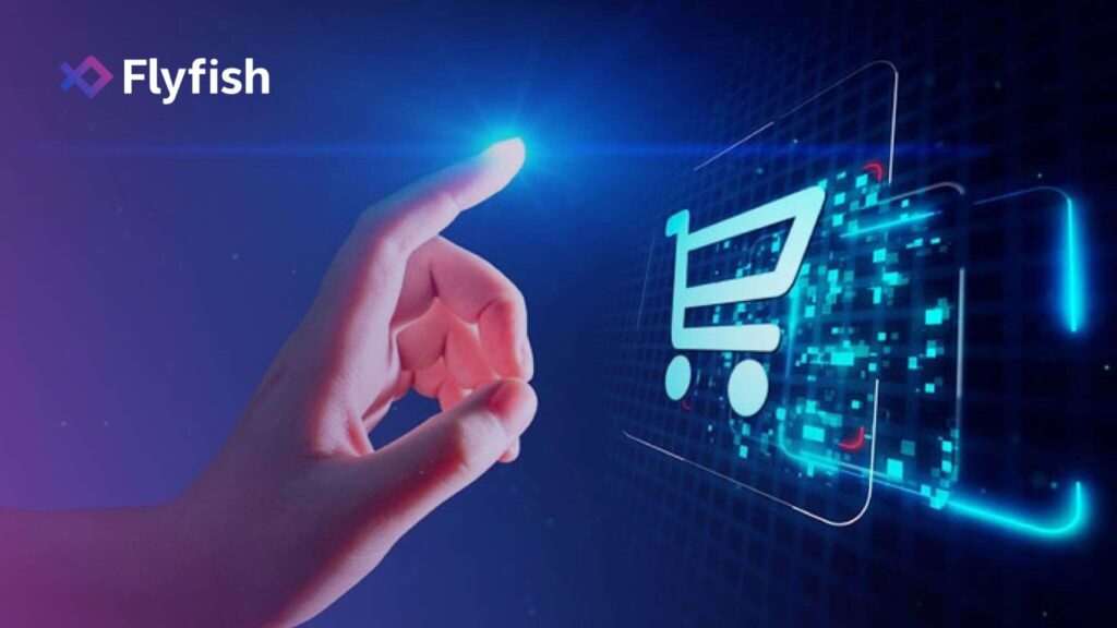 Digital image showcasing a floating shopping cart and a hand pointing at it, representing the future of conversational commerce.